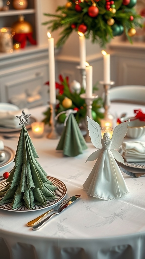 A festive Christmas dinner table with unique napkin folds and holiday decorations.